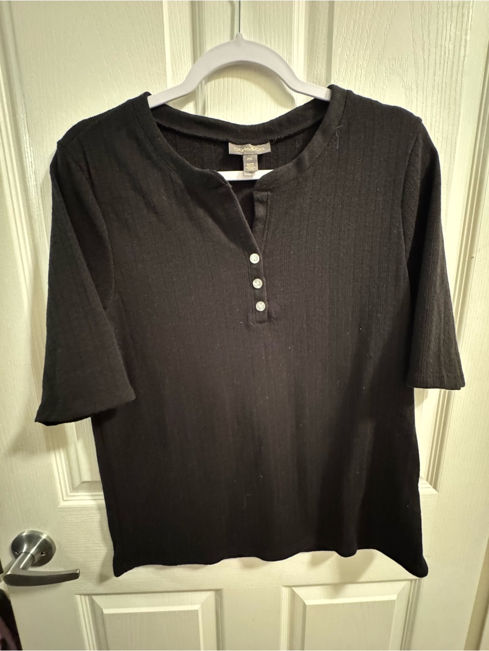 Style & Co. Black Ribbed Henley Top with Button Placket